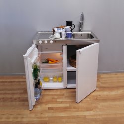 Trinettekök- Minikök EMK1060 har rostfri diskbänk med 1 st diskhoar och räfflad avställningsyta i höger- eller vänsterutförande
